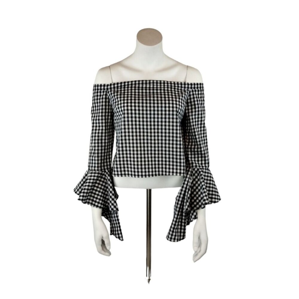 Forever 21 Misses Small Black and White Gingham Crop Top with Bell Sleeves New